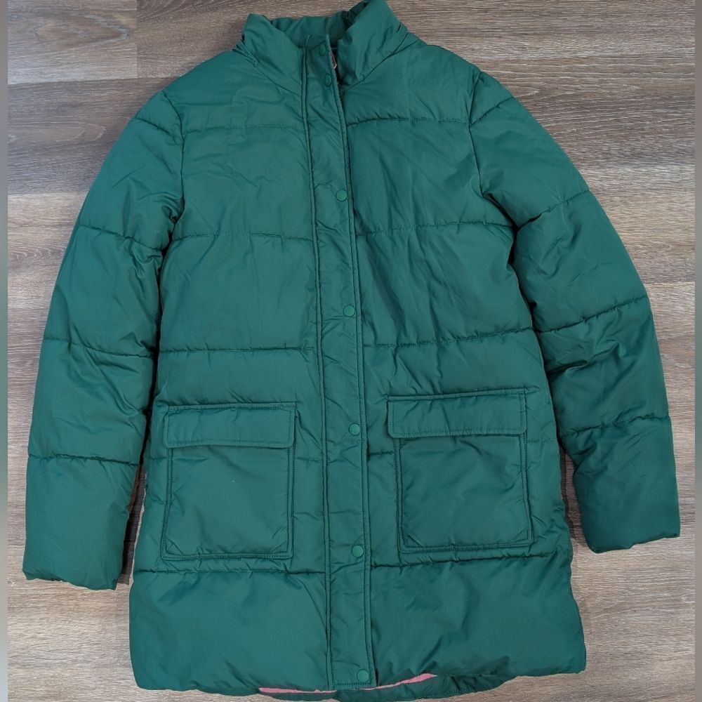 Mini Boden Longline Padded Coat Green With Pink Lining Sz 13/14